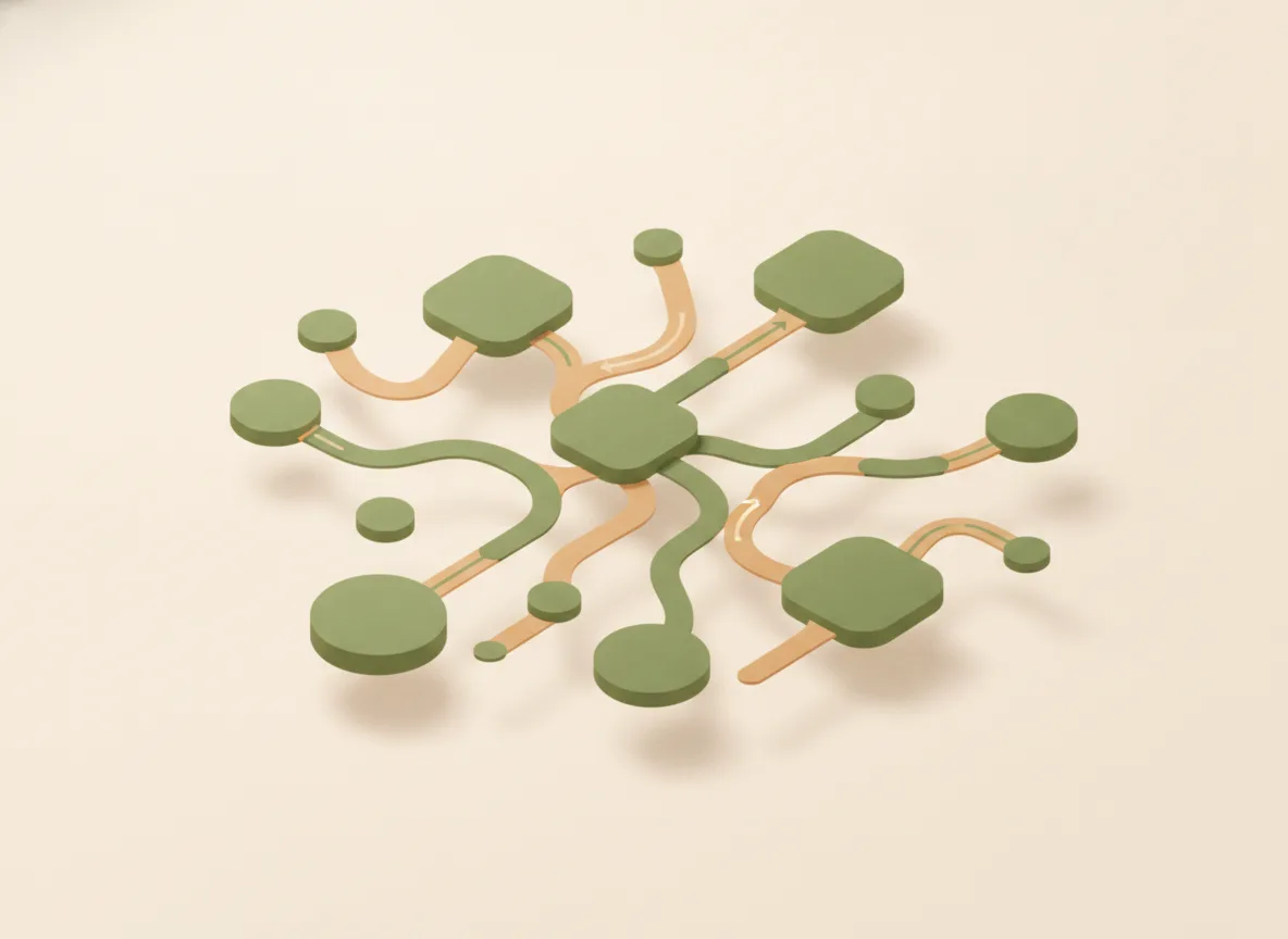 An abstract map of interconnected n8n automation workflows